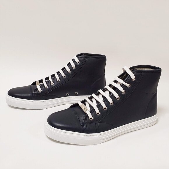 GUCCI MENS SNEAKERS HI TOP BLUE MICRO SOFT LEATHER w LOGO 7.5G US 8 - Picture 3 of 10